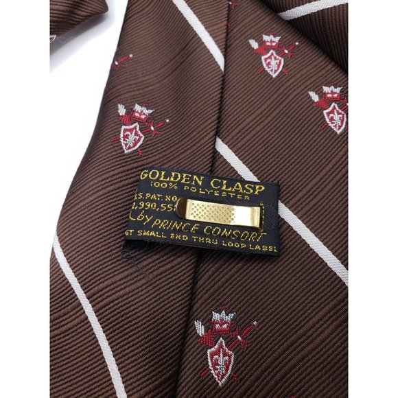 Vintage Brown W/ armour in Stripe Golden Clasp by Prince Consort 60's Poly Tie - Picture 3 of 8